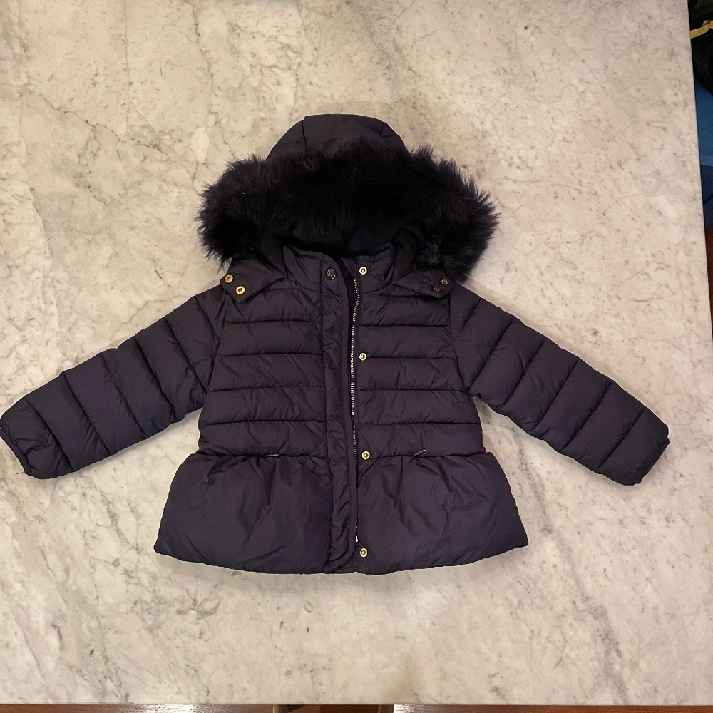 Jacadi Girl navy blue padded jacket with faux fur hoodie